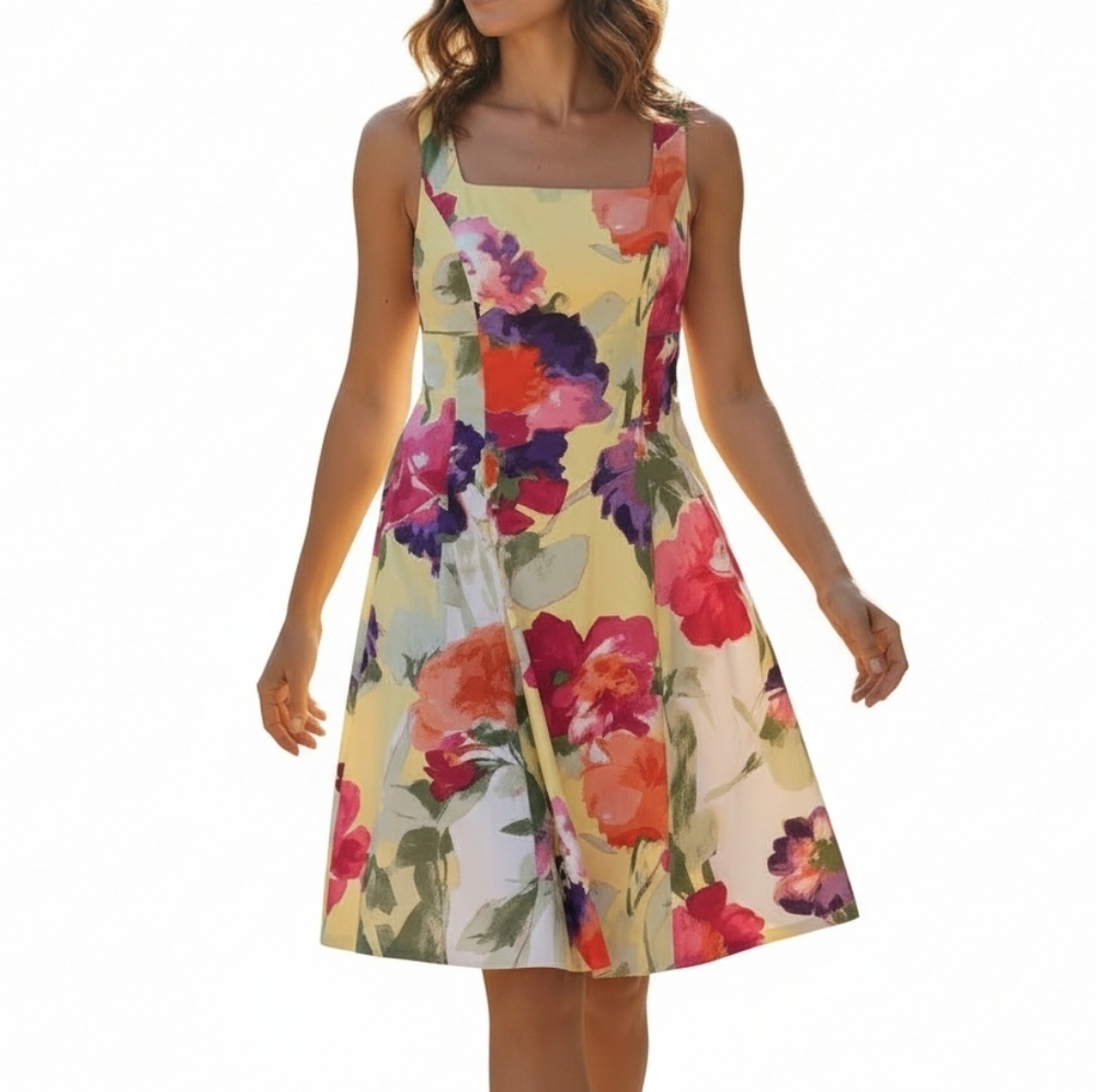 Lauren Ralph Lauren Fit N Flare Dress 12 Floral Square Neck Pockets Sleeveless